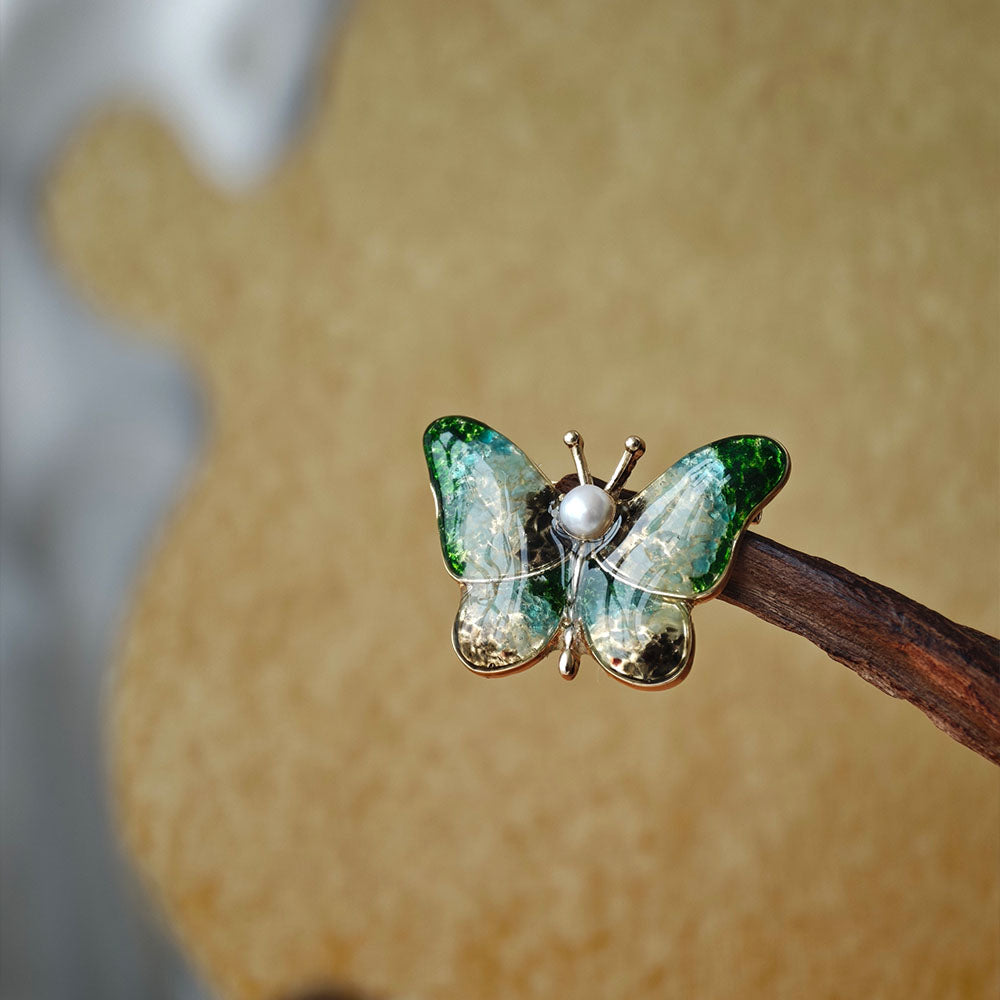 Vintage Jade Green Stone Inlay Butterfly Brooch