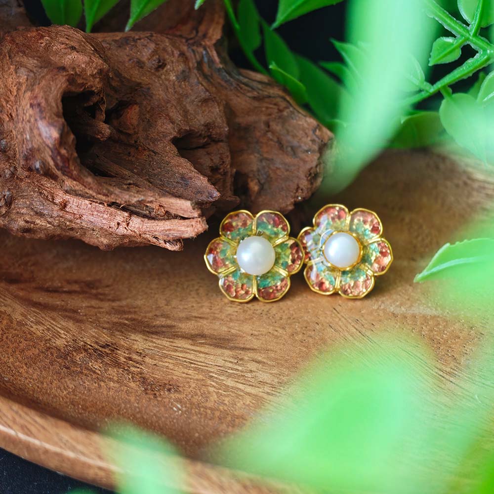 Color Stone Inlay Plum Gradient Baoxiang Flower Stud Earrings