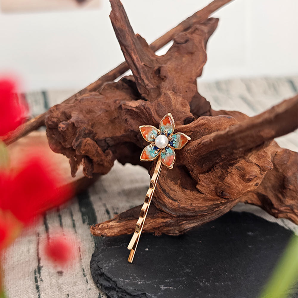 Colorful Stone Inlaid Nan Hong Five-Petal Flower Hair Clip, Dunhuang Red Style