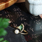 Rainbow Stone Inlay Jadeite Green Gradient Ginkgo Leaf Pearl Ring