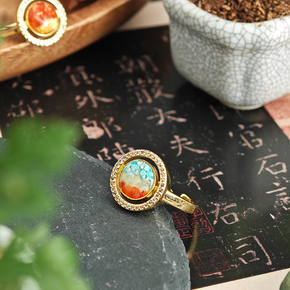 Dunhuang-Colored Big Round Bean Ring Inlaid with Colored Stones