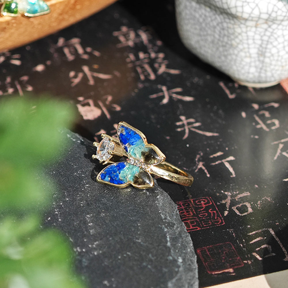 Colored Stone Inlaid Royal Blue Gradient Butterfly Ring