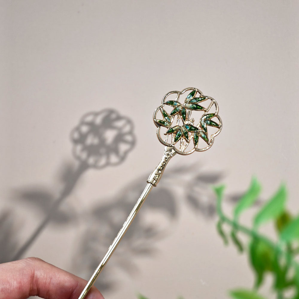 Jadeite Green Color Variation: Color Stone Inlaid Openwork Bamboo Hairpin