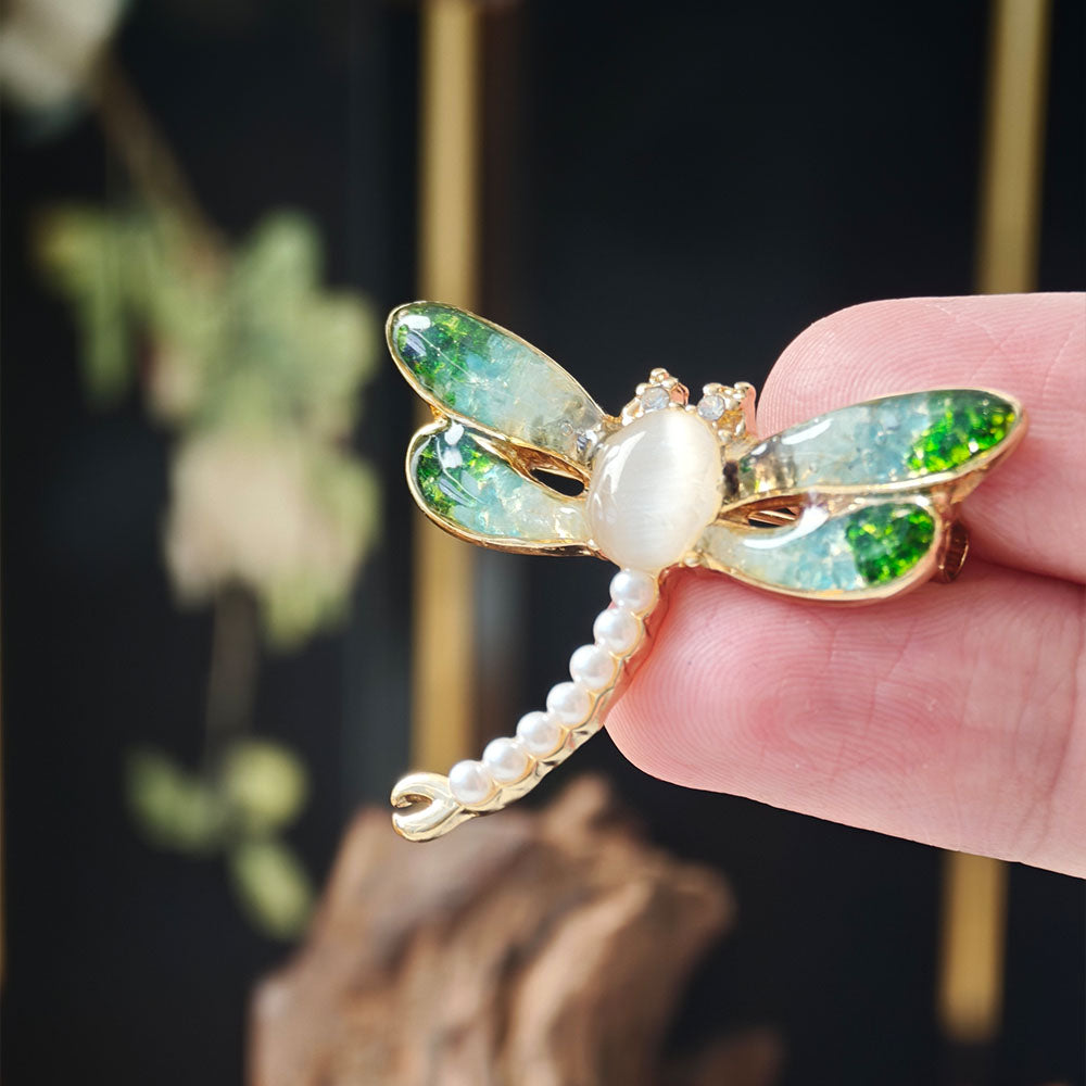 Jade Green Stone Inlay Dragonfly Shape Brooch