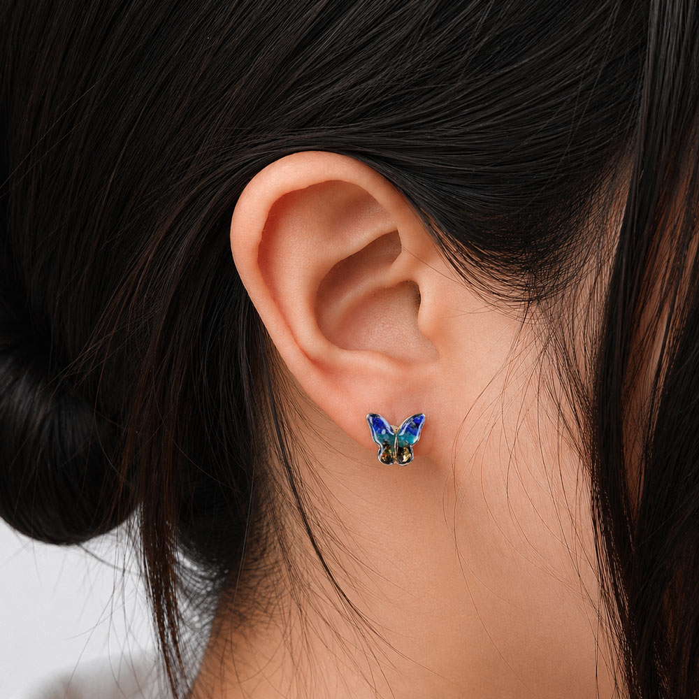 Colored Stone Inlaid Lapis Blue Little Butterfly Earrings