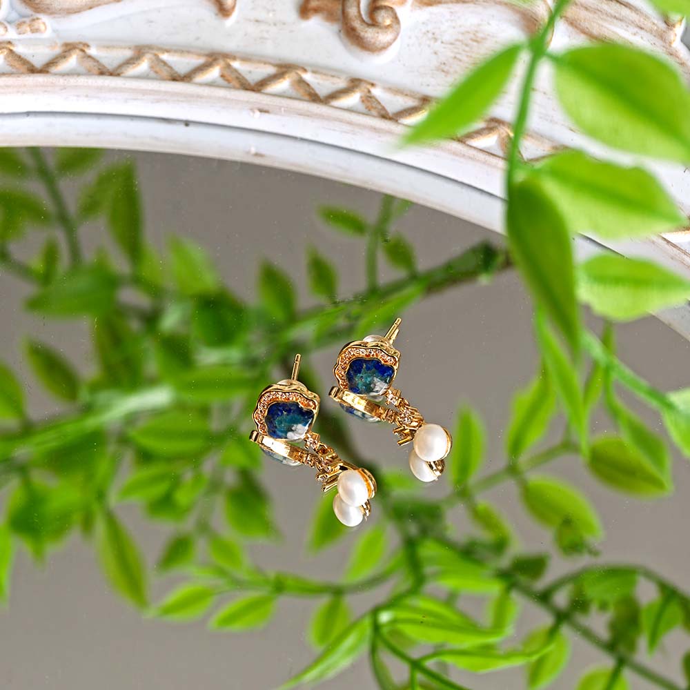 Blue & White Pearl Fan-Shaped Stud Earrings