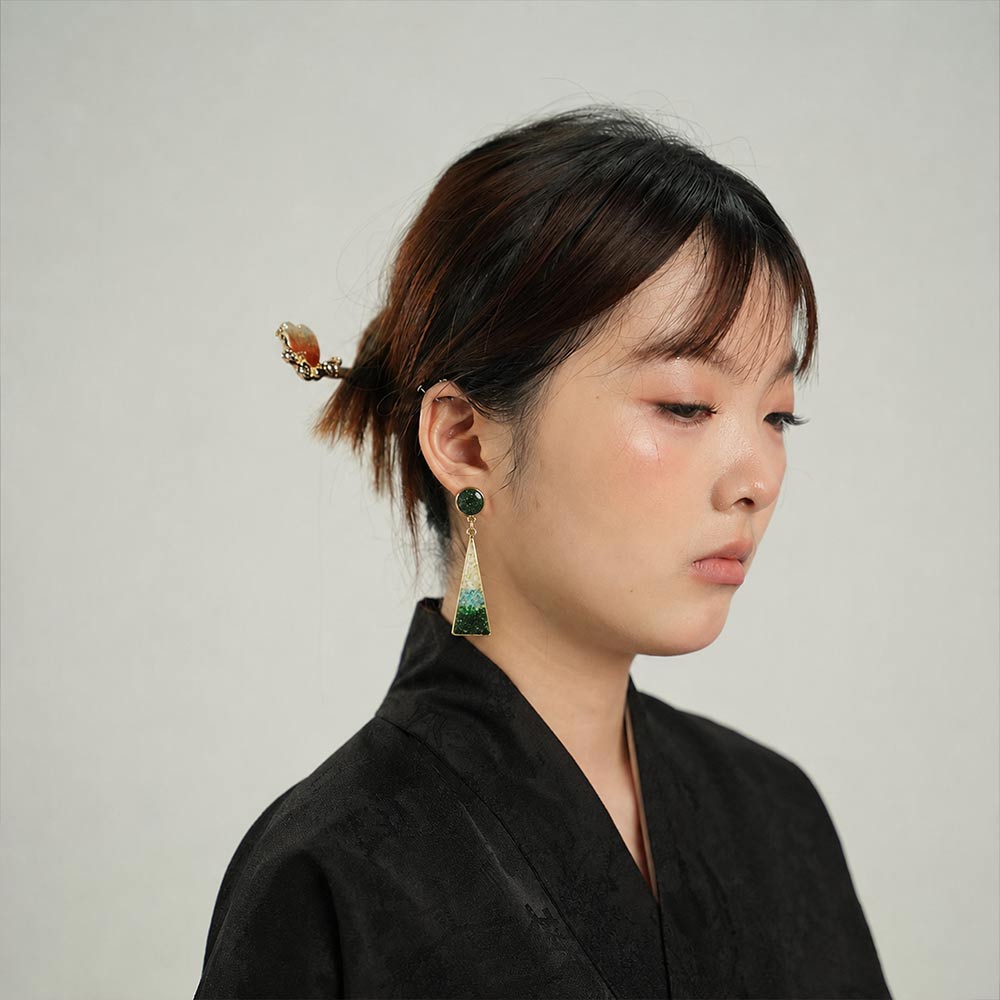 Colorful Stone Inlaid Geometric Earrings, Emerald Green Round Triangle