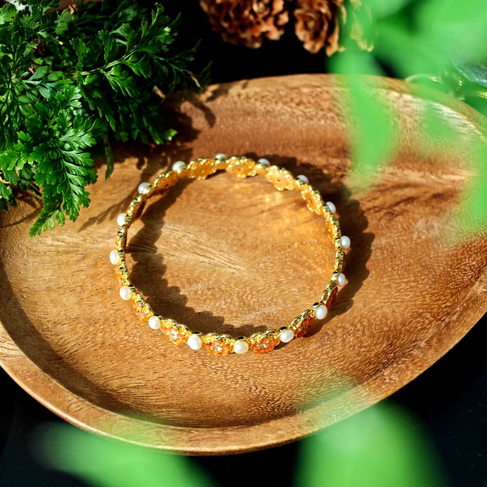 Color Stone Inlay Heavy Pearl Bracelet with Openwork Peach Blossom Design Prosperous Red Series