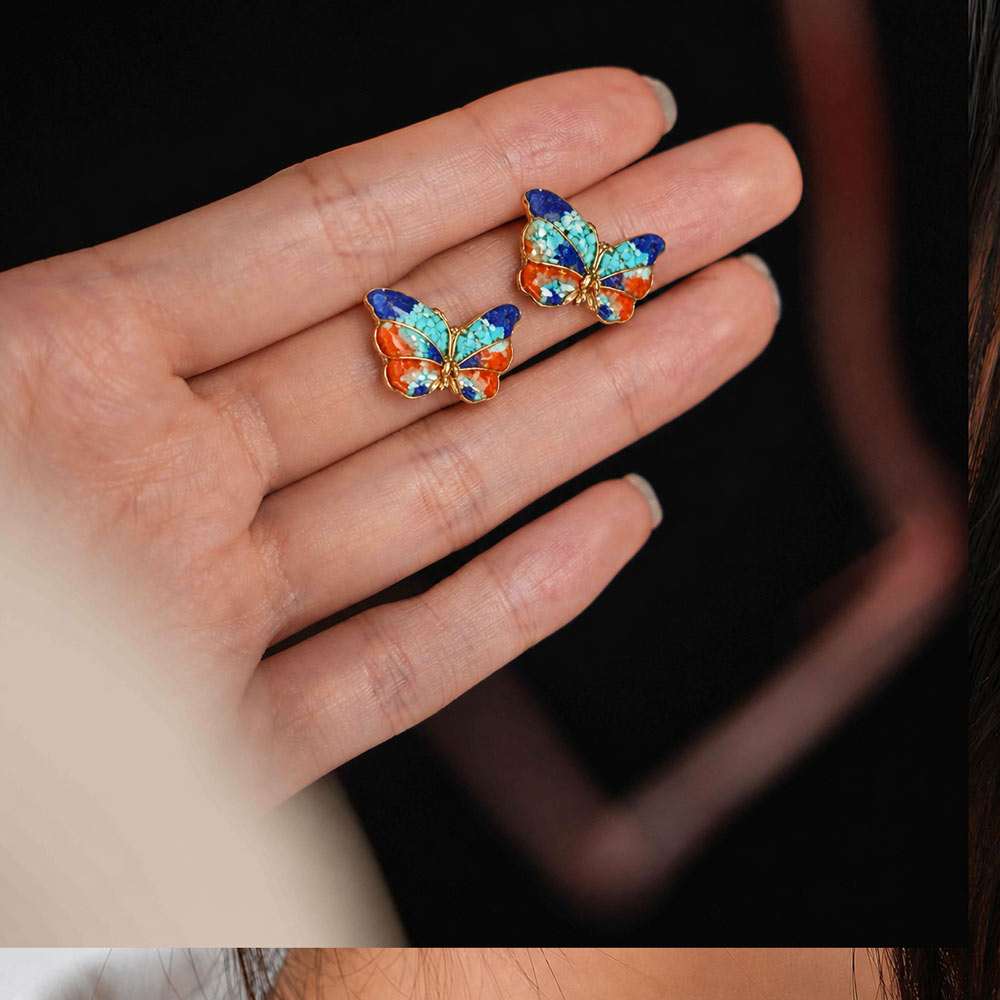 Color Stone Inlay Butterfly Wing Stud Earrings - Dunhuang Series
