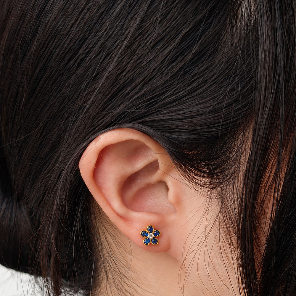 Color Stone Inlay Five-Petal Flower Stud Earrings - Sapphire Blue Series