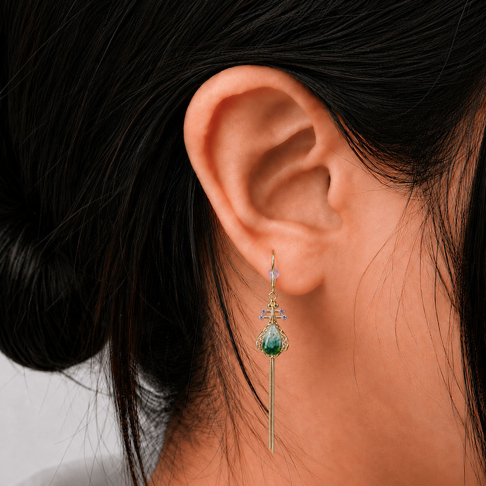 Colored Stone Inlaid Tassel Pipa Earrings Emerald Green Series