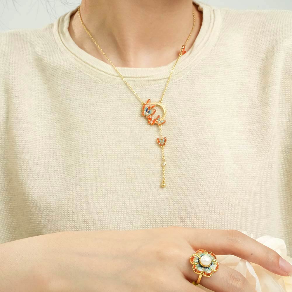 Warm Blossom Butterfly Dunhuang Floral Necklace + Ring Bundle