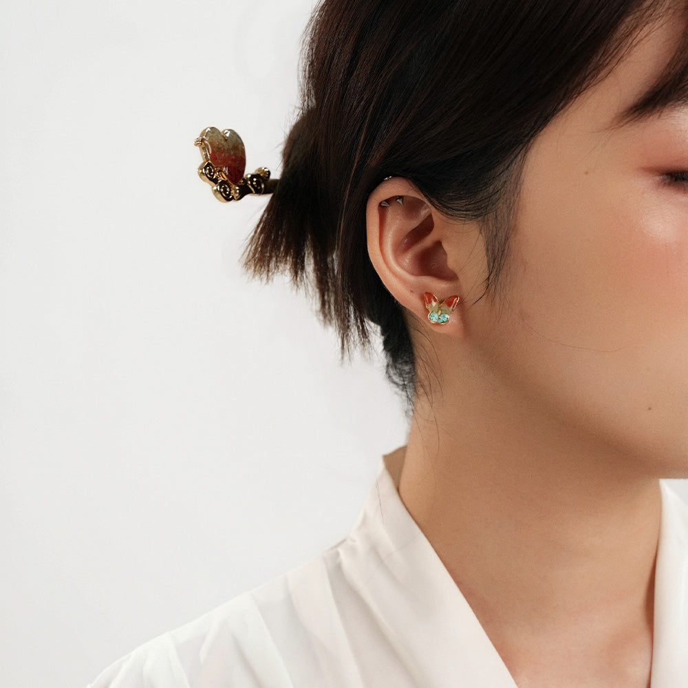 Color Stone Inlay Small Butterfly Stud Earrings – Dunhuang Series