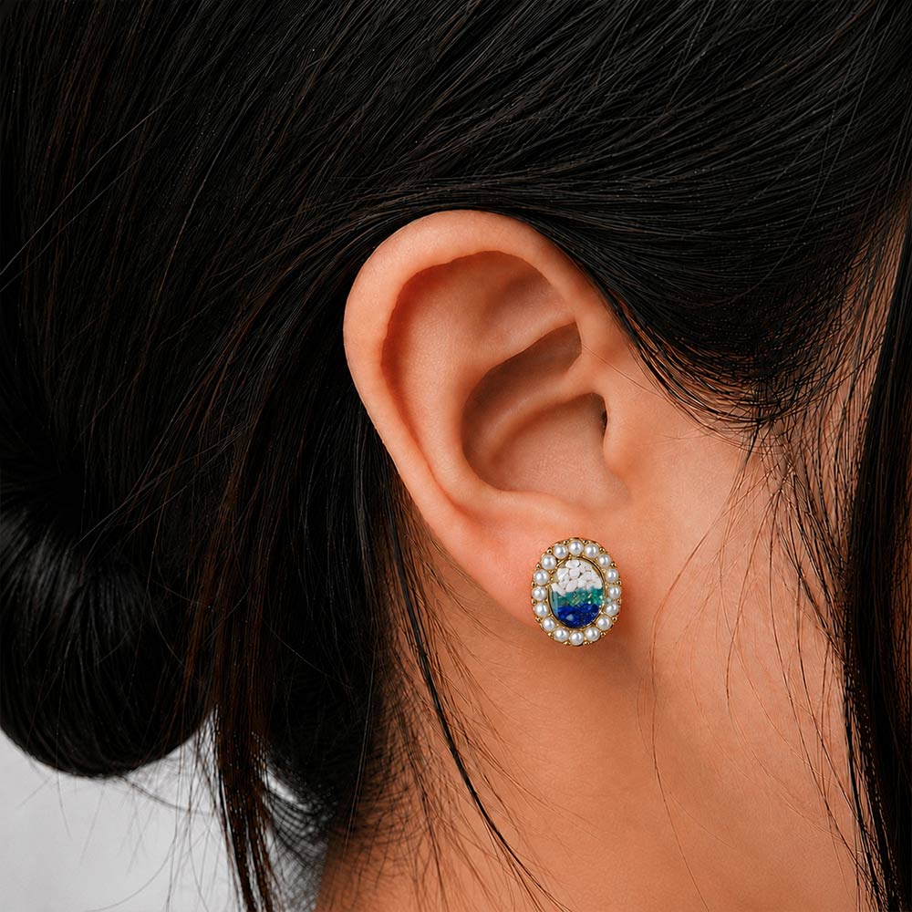 Colorful Stone Inlaid Oval Pearl Earrings, Blue-White Gradient