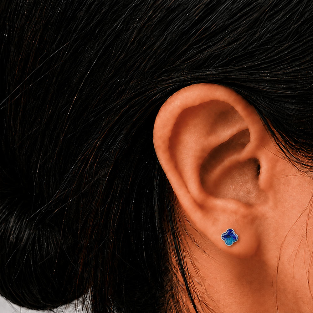 Color Stone Inlay Silver Four-Leaf Clover Stud Earrings – Royal Blue Gradient Series