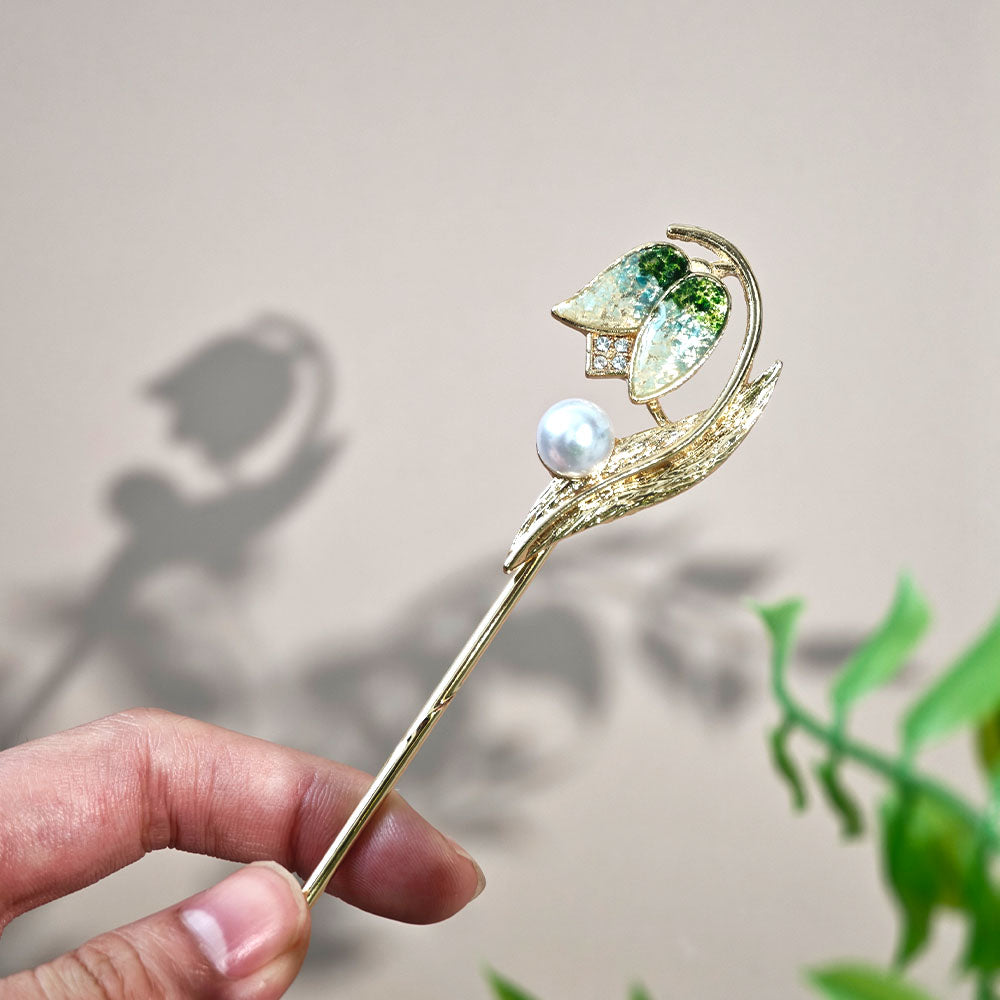 Enameled Tulip Hairpin with Jadeite Green Inlay