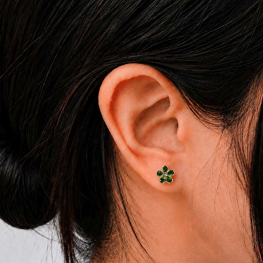 Colored Stone Inlaid Five-Petal Flower Emerald Green Earrings