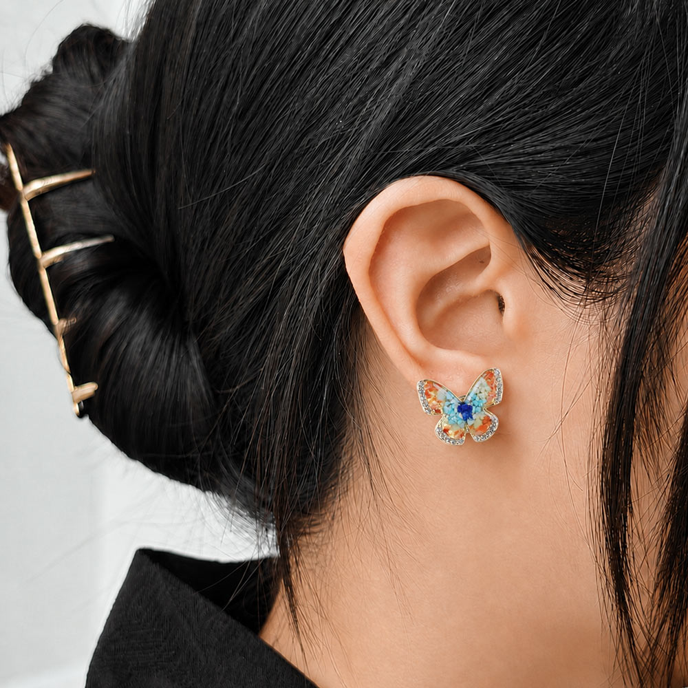 Color Stone Inlay Butterfly Stud Earrings – Dunhuang Color 15MM with Crystal I1