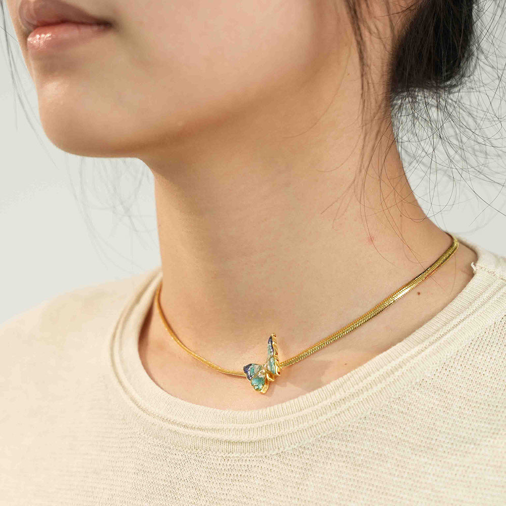 Color Stone Inlay Butterfly Necklace – Blue & White Style