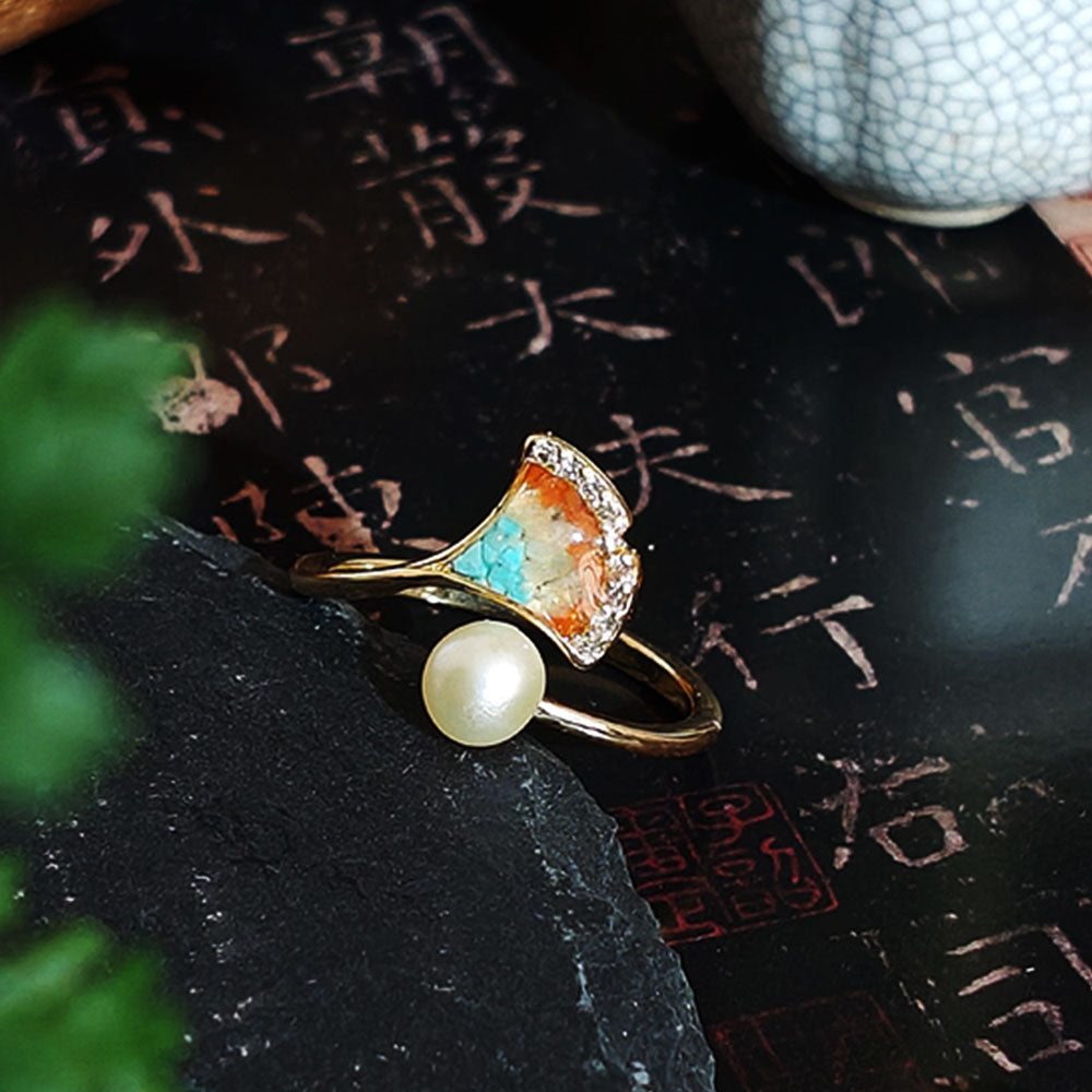 Dunhuang-Colored Ginkgo Leaf Ring Inlaid with Colored Stones & Pearls