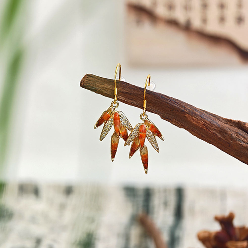 Color Stone Inlay Bamboo Leaf Earrings – Red Series