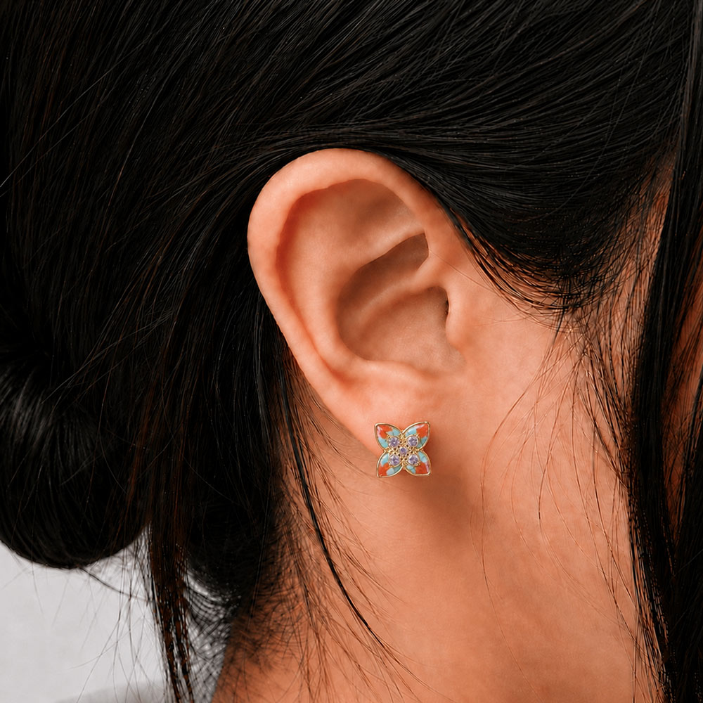 Colorful Stone Inlaid Pointed Four-Leaf Clover Earrings, Dunhuang Palette