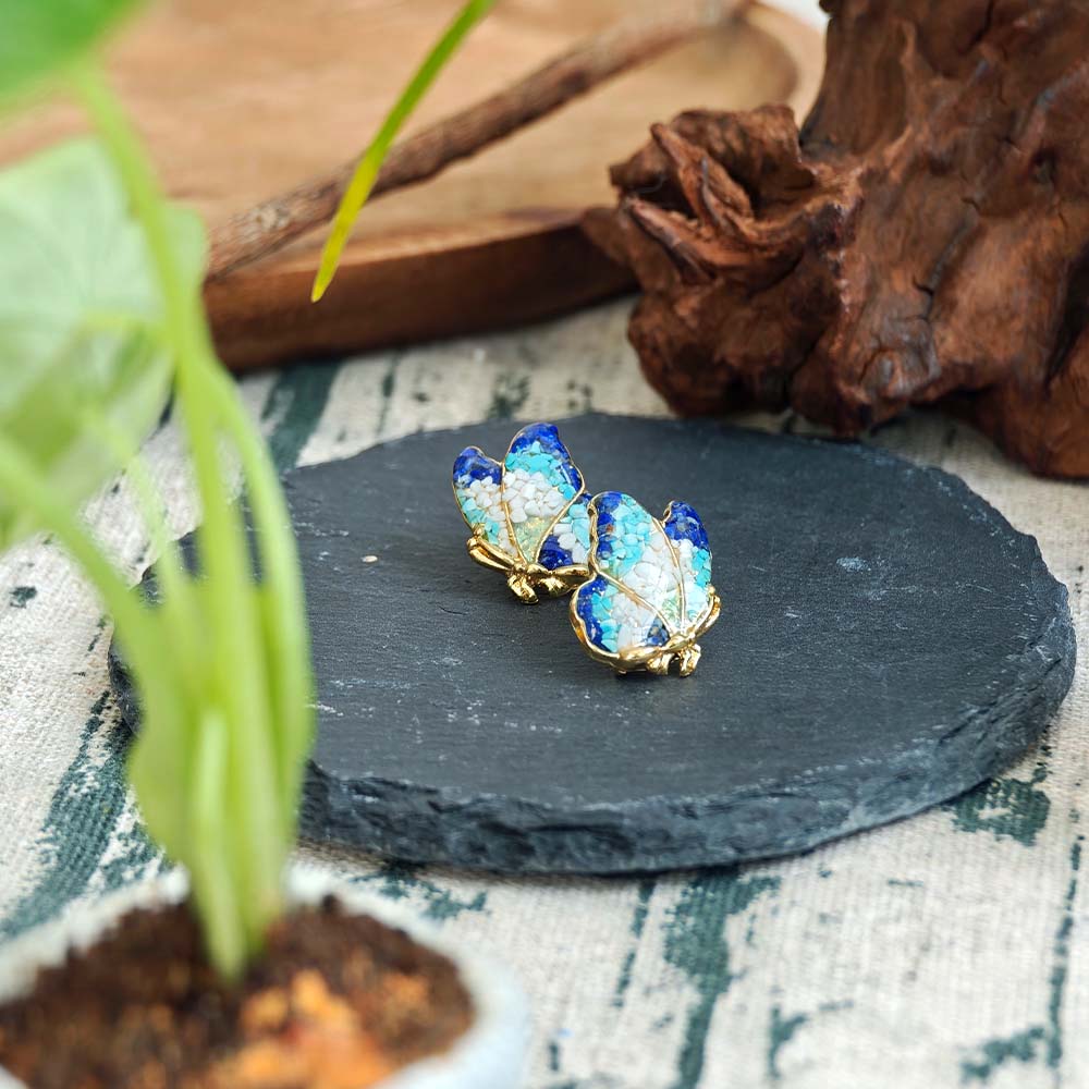 Butterfly Wing Earrings with Blue-and-White Enamel and Stone Inlay
