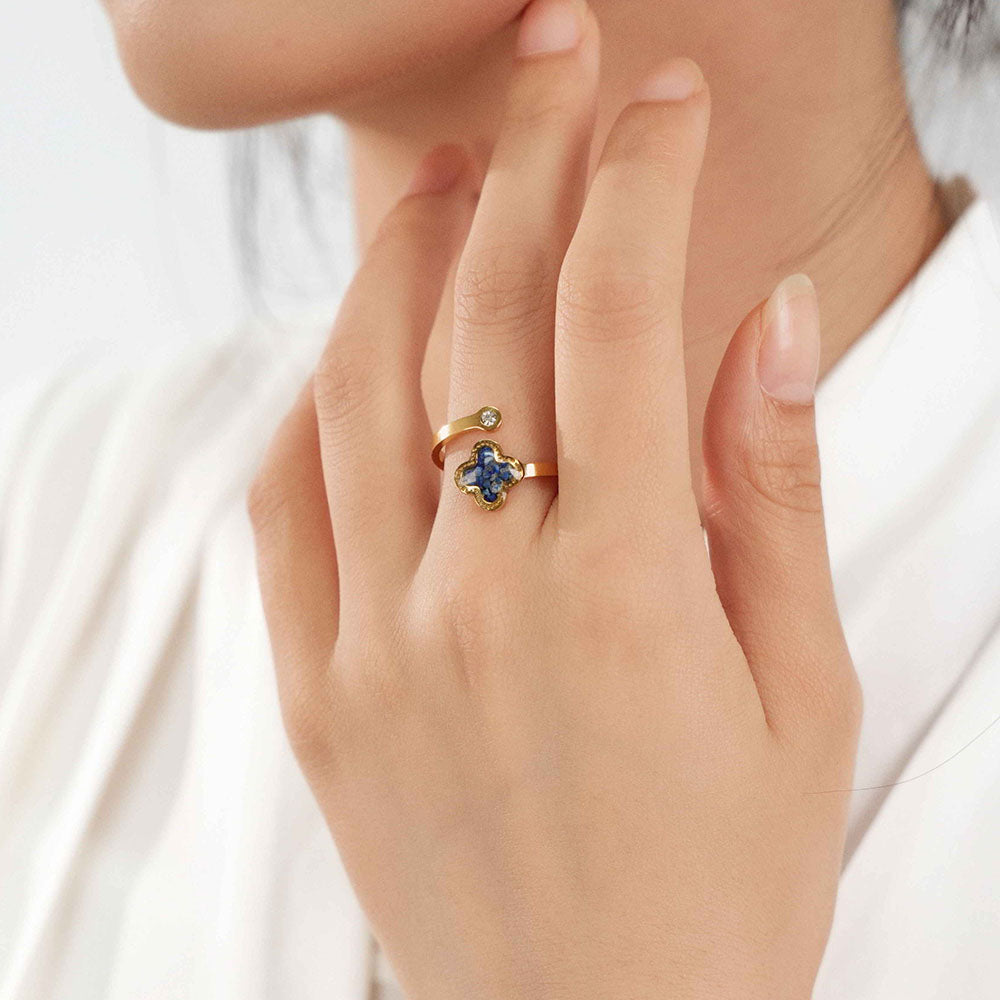 Colored Stone Inlaid Lapis Four-Leaf Clover Ring