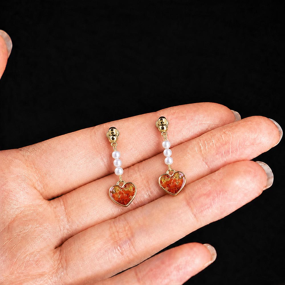 Color Stone Inlay Studs – Pearl & Heart, Vibrant Red