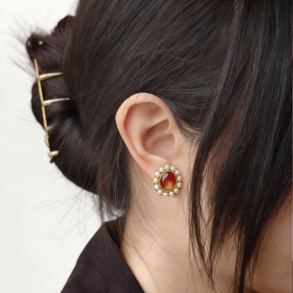 Colorstone Inlay Pearl Oval Stud Earrings, Spring Series