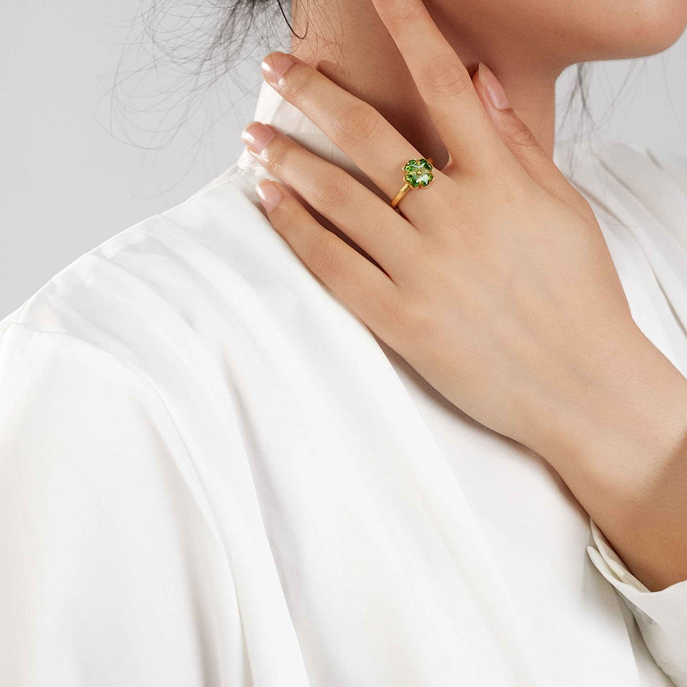 Adjustable Emerald Green Four-Leaf Clover Ring with Colorful Stone Inlay