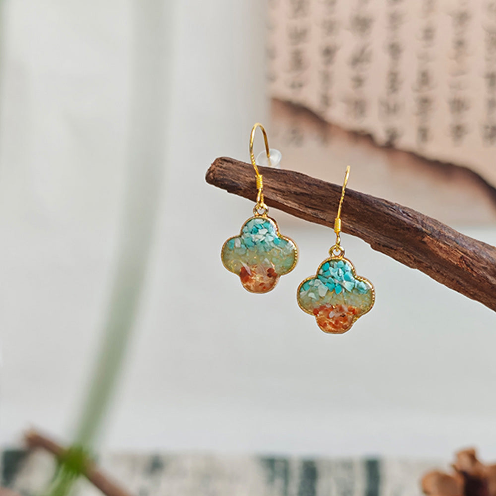 Color Stone Inlay Earrings: Dunhuang Red Four-Leaf Clover Design