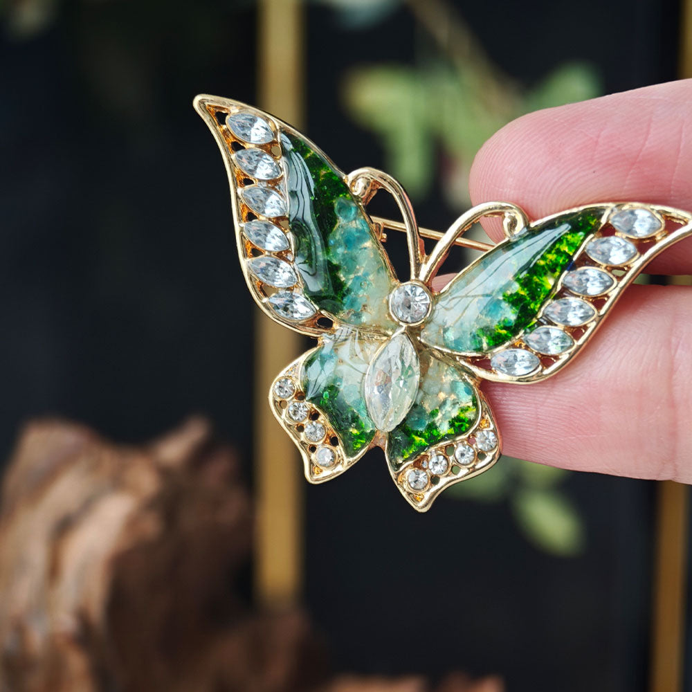 Jade Green Stone Inlay Flying Butterfly Brooch
