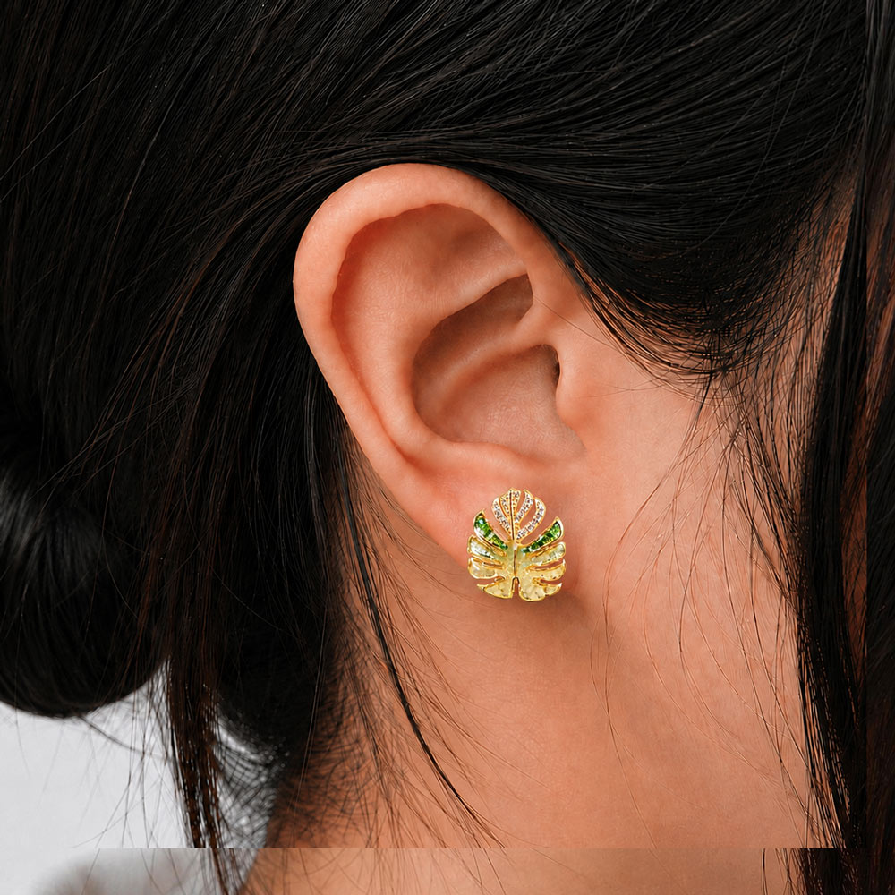 Jade Green Palm Leaf Gem Stud Earrings