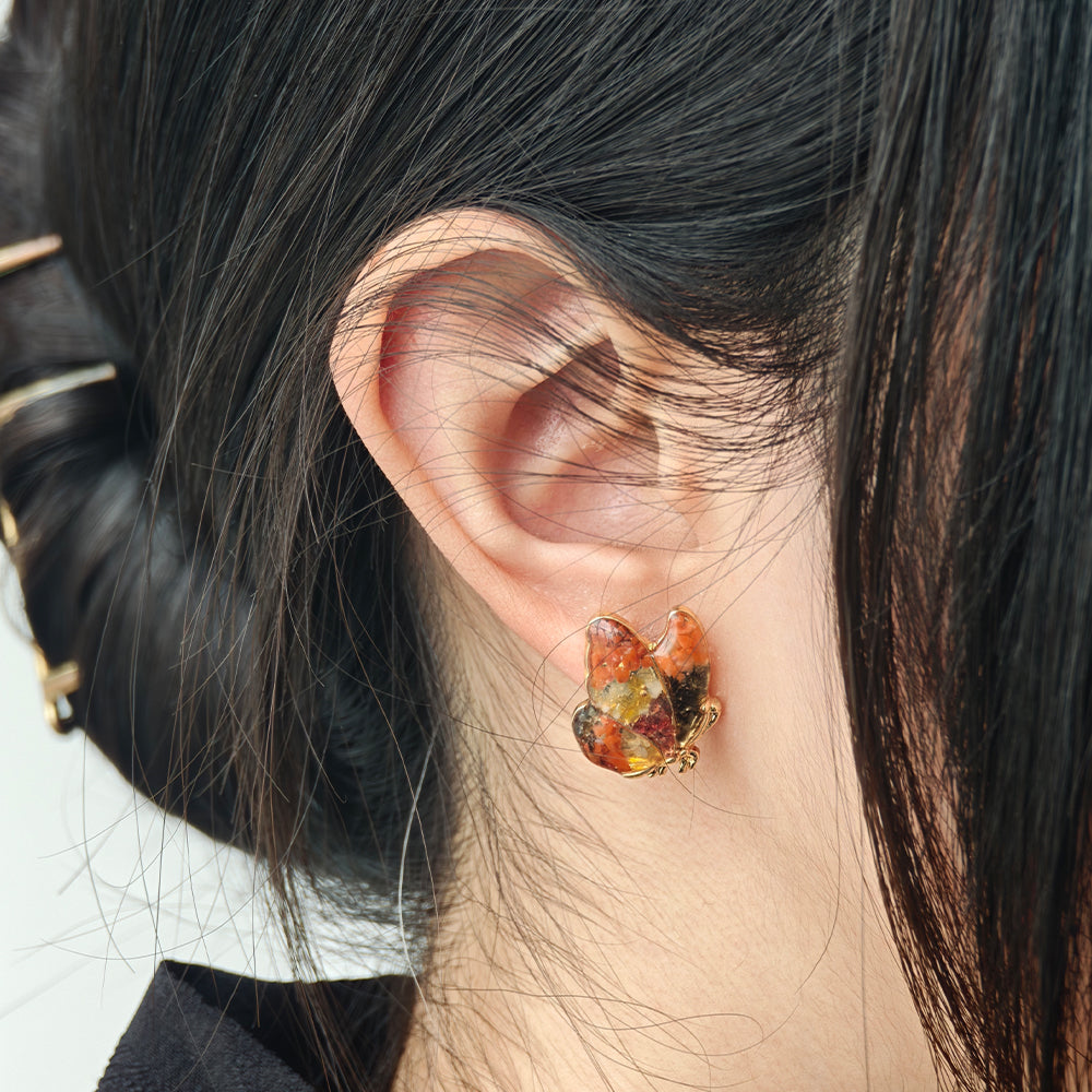 Color Stone Inlay Butterfly Wing Stud Earrings - Red & Prosperous Series