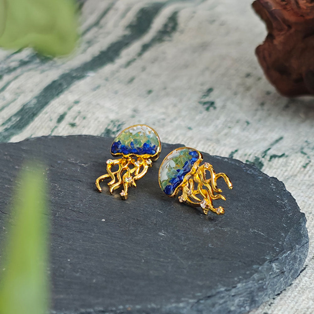 Color Stone Inlay Blue & White Jellyfish Stud Earrings