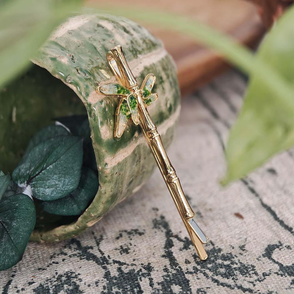 Jadeite Bamboo Hairpin with Colorful Stone Inlay