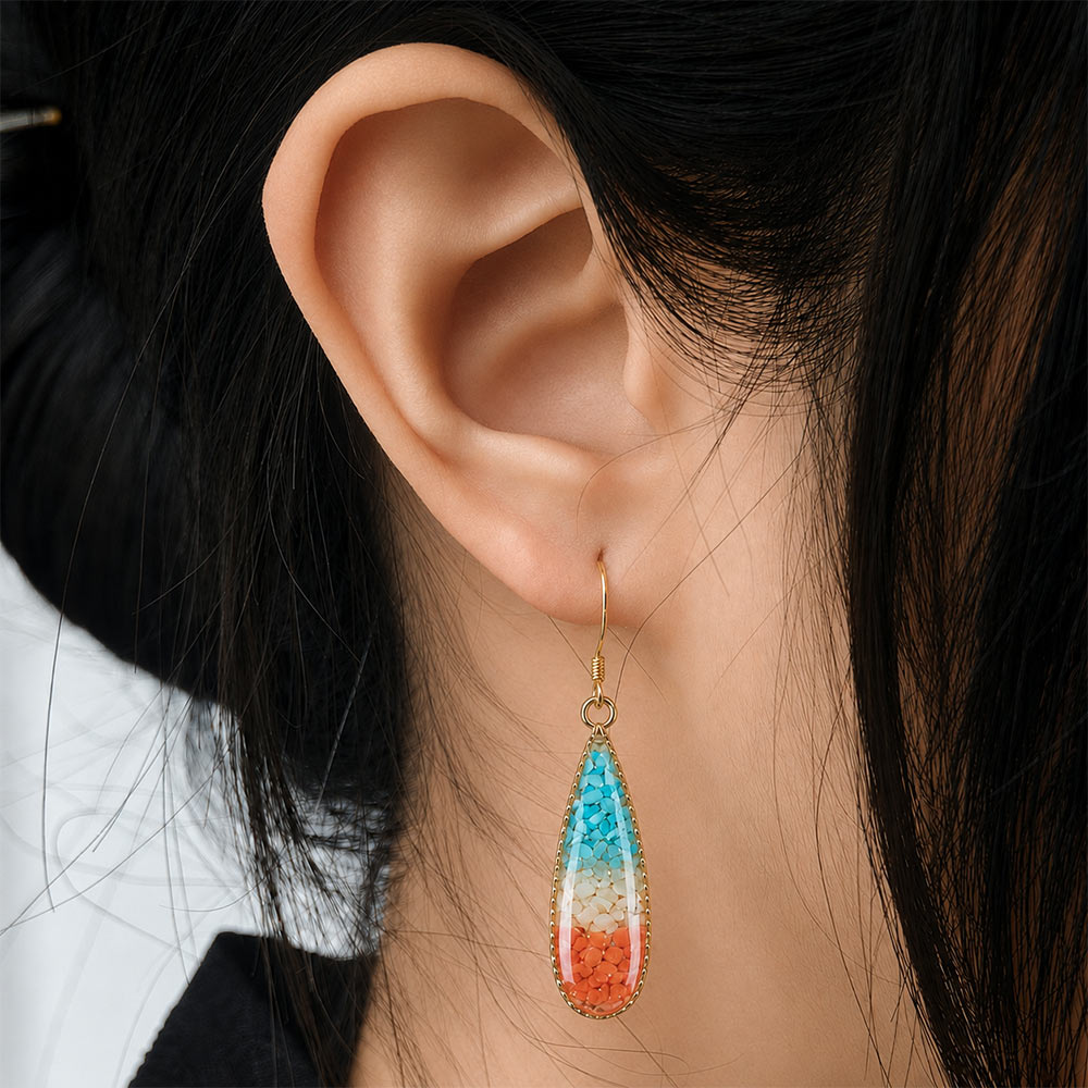 Colorful Stone Inlaid Ear Studs, Dunhuang Red Southern Red Agate Drop Style