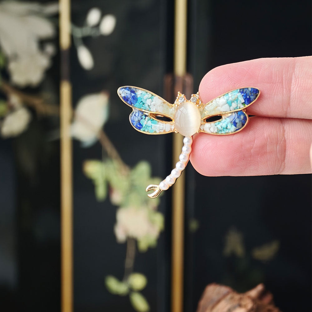Lapis Dragonfly Brooch – Blue & White Porcelain