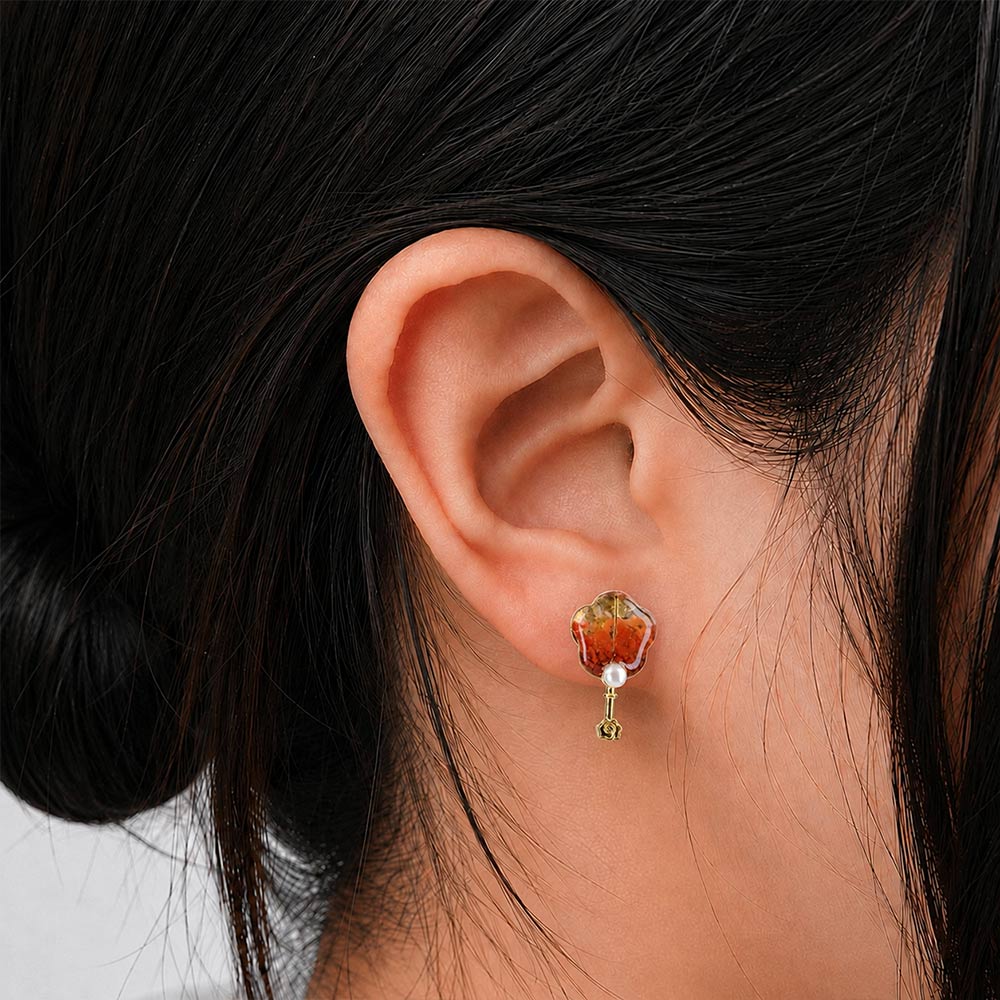Colorful Stone Inlaid Earrings, Prosperity Red Folding Fan