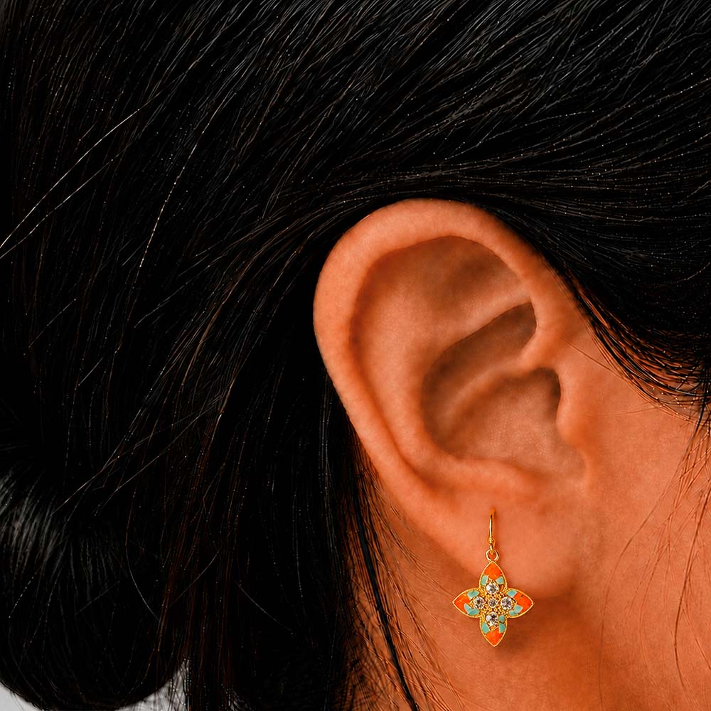 Color Stone Inlay Pointed Four-Leaf Clover Hook Earrings - Dunhuang Series