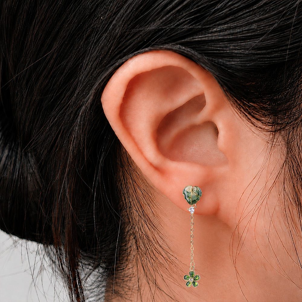 Jade Green Asymmetrical Gourd Flower Stone Inlay Earrings