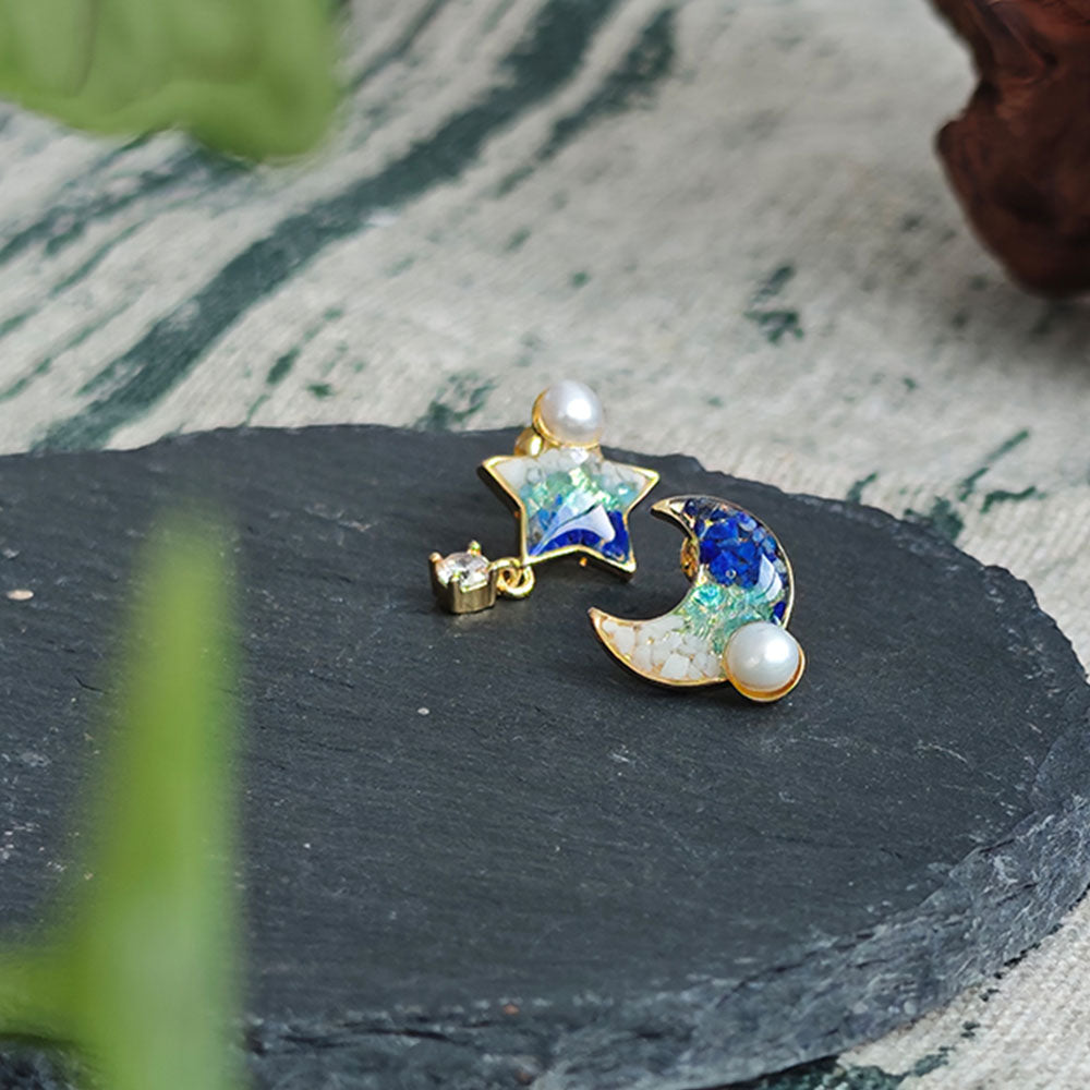 Color Stone Inlay Star & Moon Blue & White Stud Earrings
