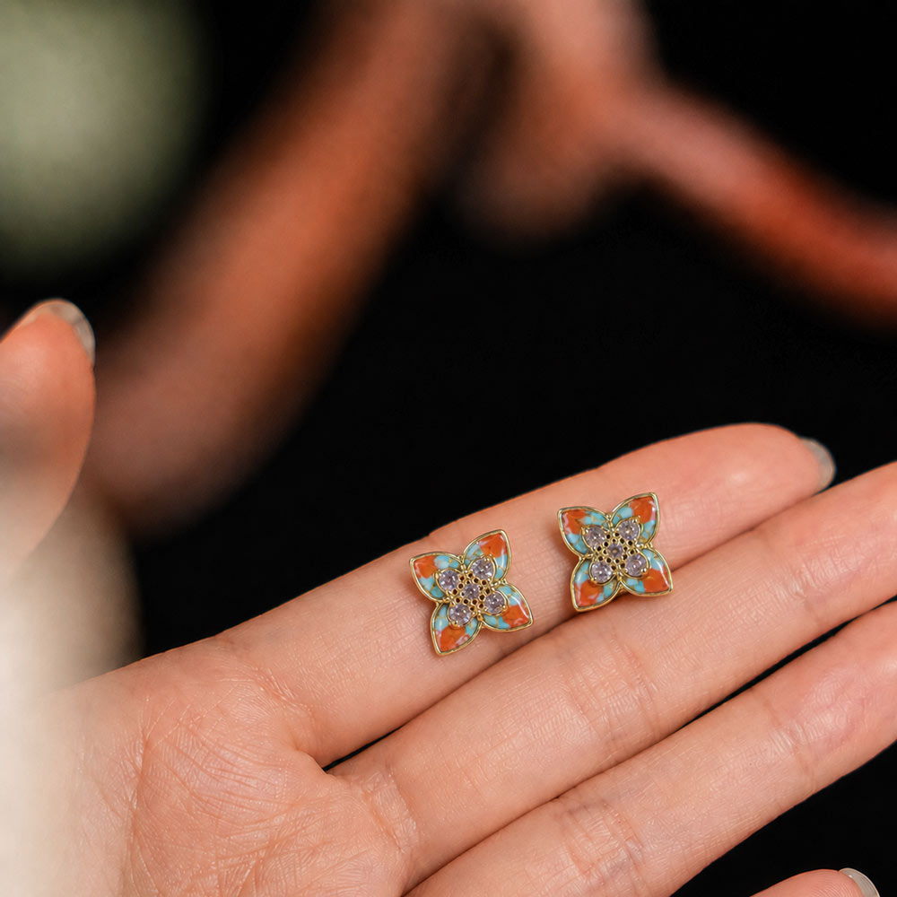 Colorful Stone Inlaid Pointed Four-Leaf Clover Earrings, Dunhuang Palette