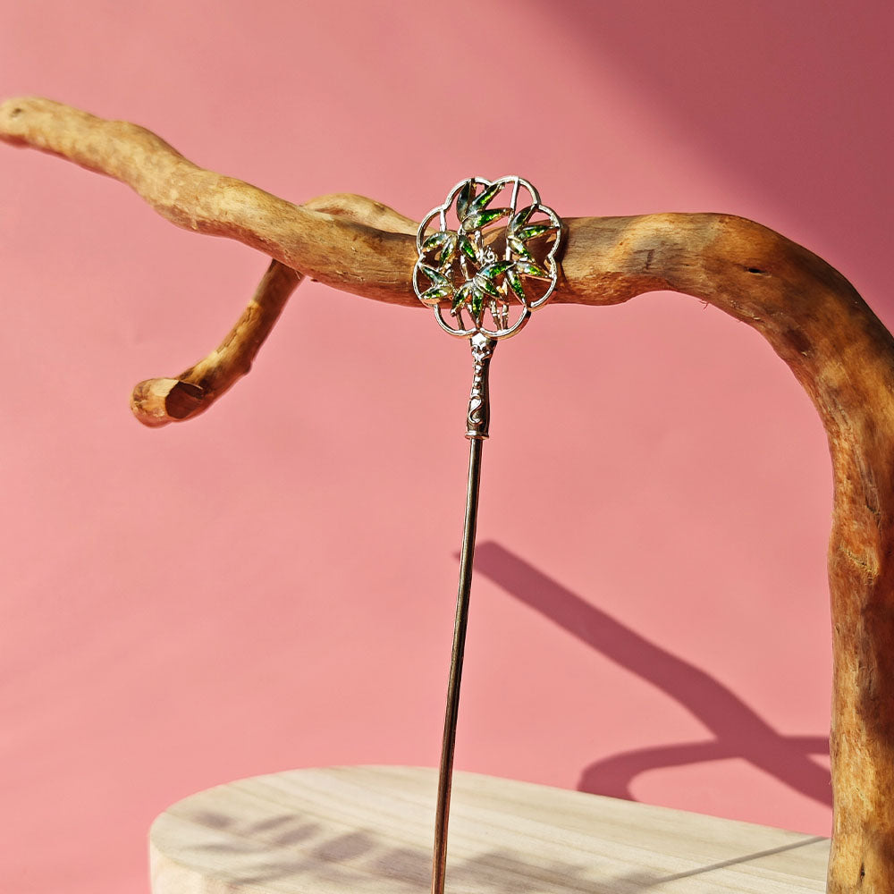 Jadeite Green Color Variation: Color Stone Inlaid Openwork Bamboo Hairpin