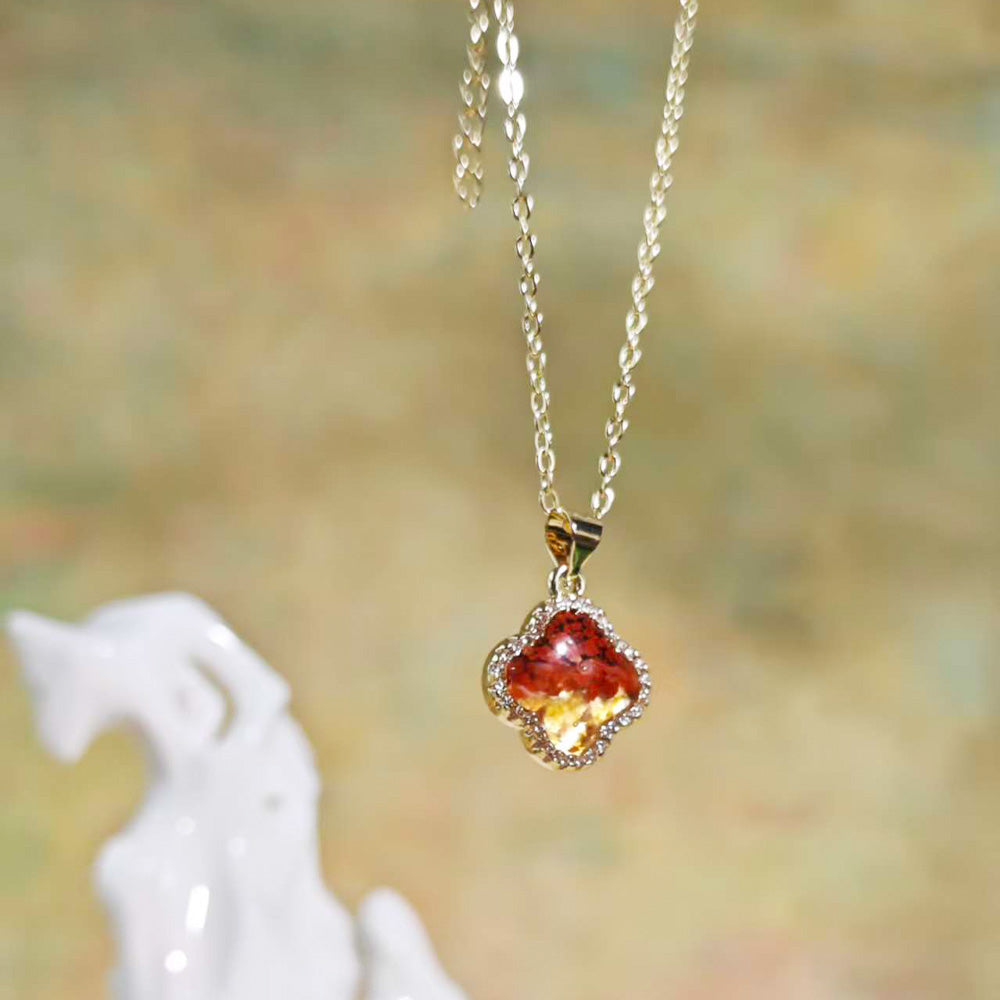 Color Stone Inlay Necklace – Zircon & Four-Leaf Clover, Red