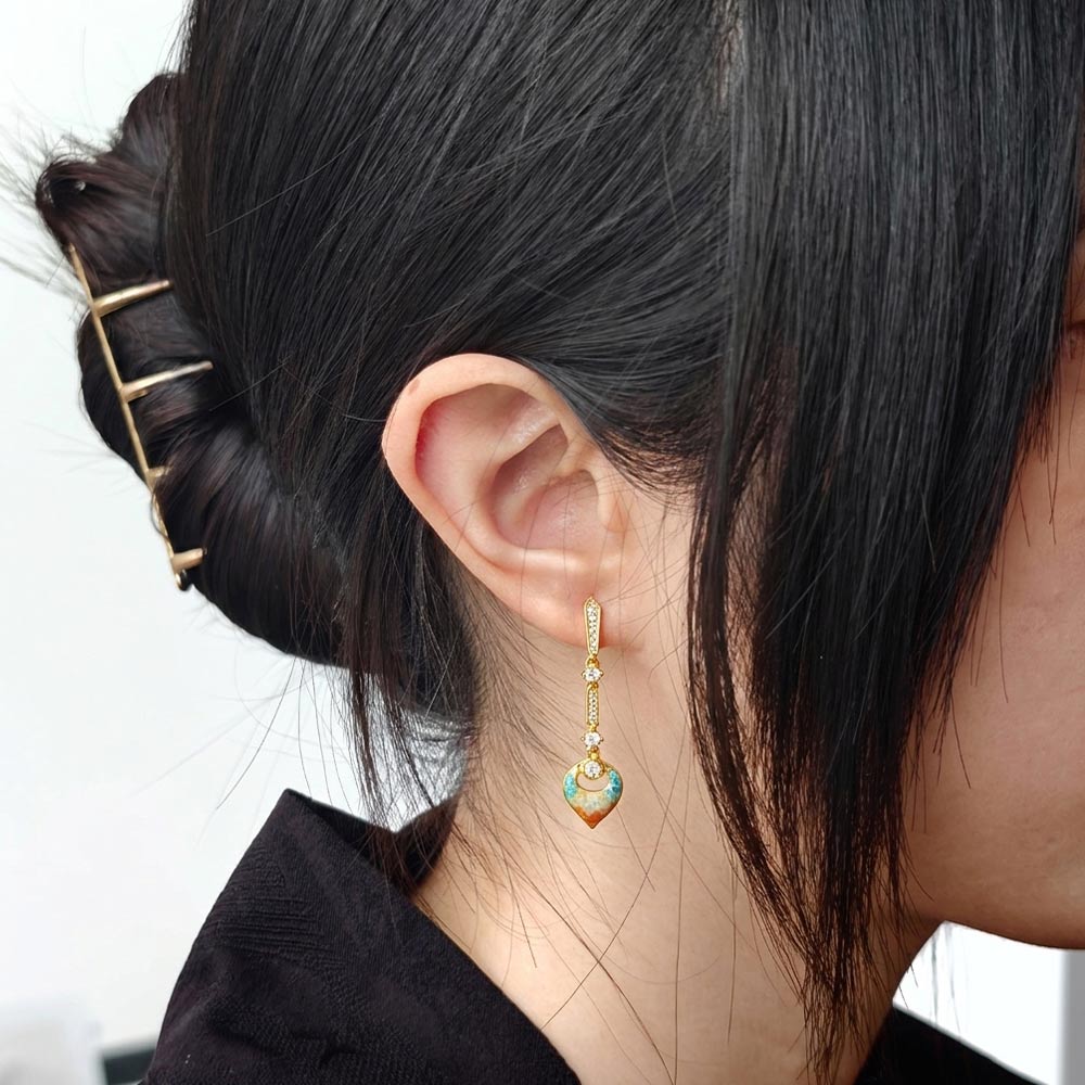 Color Stone Inlay Hollow Diamond Drop Earrings - Dunhuang Red Series