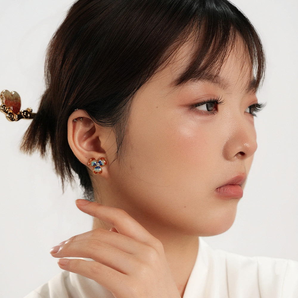Colorful Stone Inlaid Earrings, Dunhuang Red Three-Leaf Clover Style