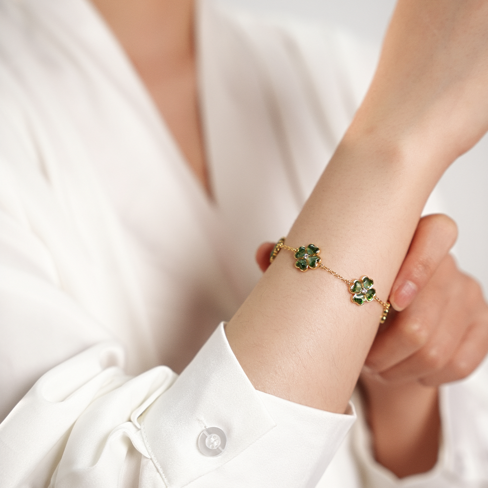 Clover-Shaped Gemstone Inlay Bracelet, Style B: Emerald Green Collection