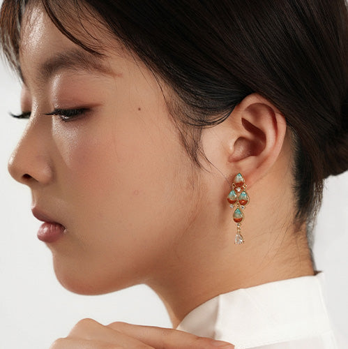 Color Stone Inlay Stud Earrings – Dunhuang Red Nanhong Teardrop